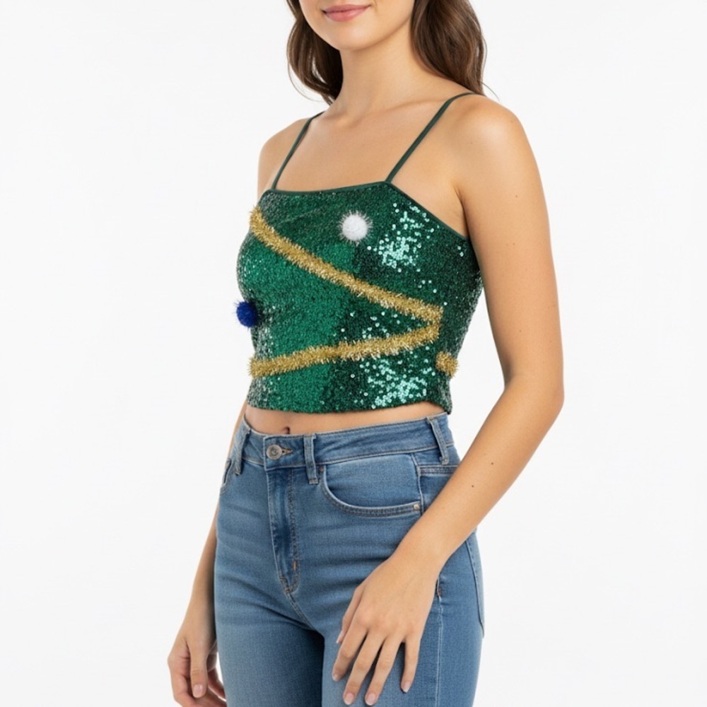 New Love on a Hanger Green Sequin Tinsel Christmas Tree Top Sz L